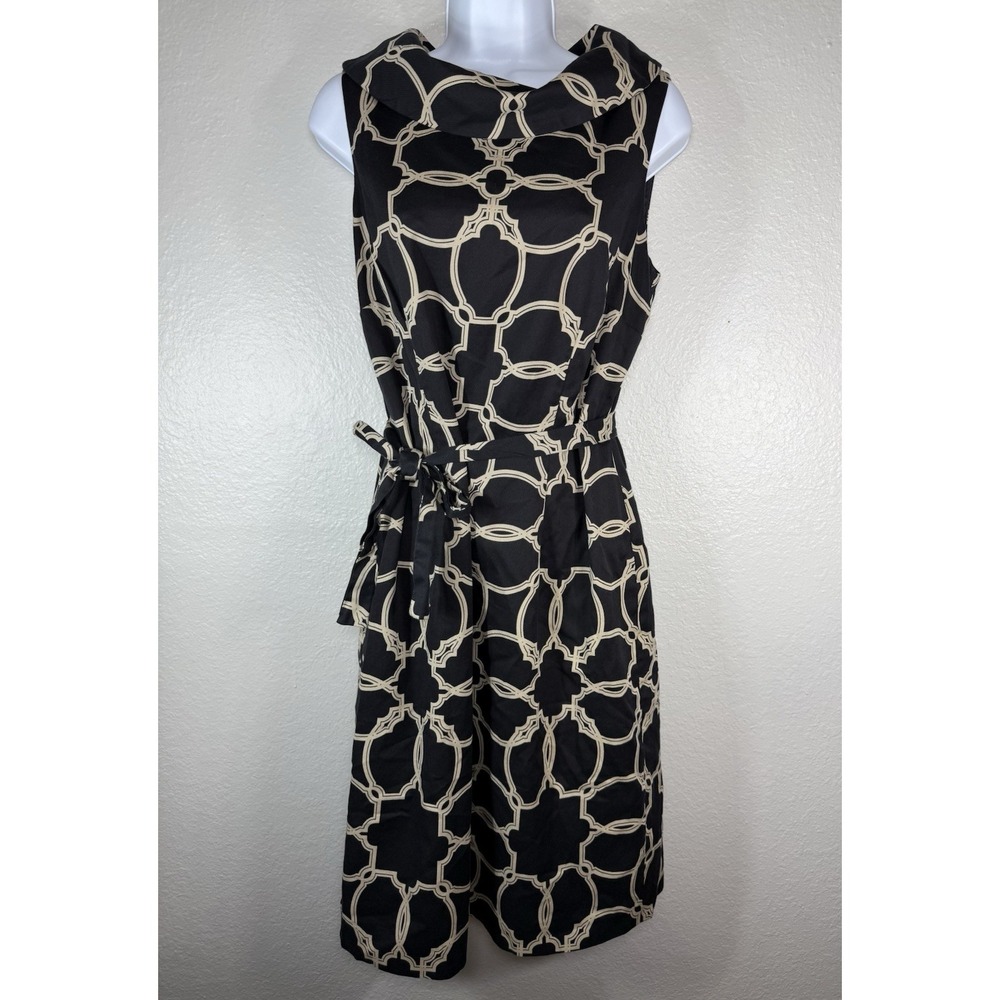Women's black tan art deco geometric print sheath dress Size 10 - Talbots